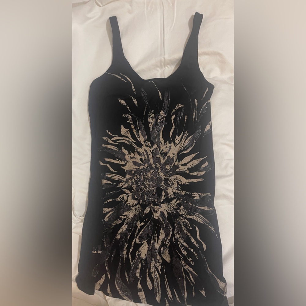 Black Mini Dress with Metallic Floral Print